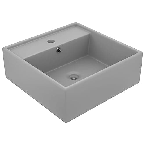 Image of vidaXL Luxury Matt Light Grey Ceramic Basin - Square Design - 41x41 cm - Overflow Feature - Versatile Placement - Stylish Bathroom Accessory
