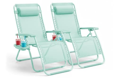 Image of KEPLIN Set of 2 Heavy Duty Zero Gravity Chairs – Padded Garden Recliners with Locking System, 160° Recline, Adjustable Pillow, Removable Tray with Cup & Phone Holders, Foldable, 110kg Capacity (Mint)