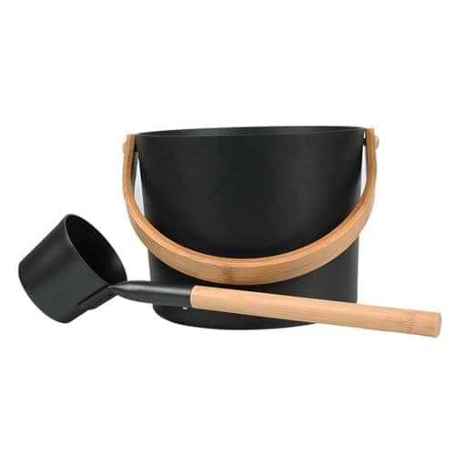 Image of Sauna Bucket and Ladle Set, 1.85 Gallons (7L) Large Aluminum Sauna Bucket with Long Wooden Handle Spoon, SPA Shower Accessories, Saunas Accessories Set for Home Saunas (Color:Black)