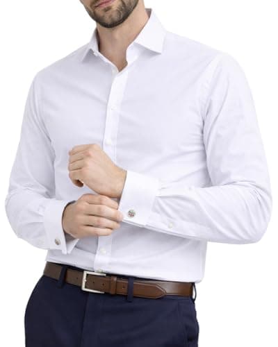 Image of Men's Plain Dress Shirts,Long Sleeve,Double French Cuff with Cufflinks Included,Regular Fit, 14 Colours, Business Wedding Work Shirt by Janeo British Apparel. White, 15.5 inches