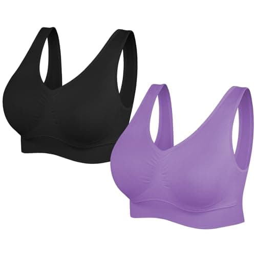 Image of SIMIYA Super Comfort Bra, Womens Sports Bras Removable Pads Plus Size Sleep Bras for Girls in Yoga Bralette Leisure Stretch Crop Tops Vest (XL, 2 Pack Black+Purple)