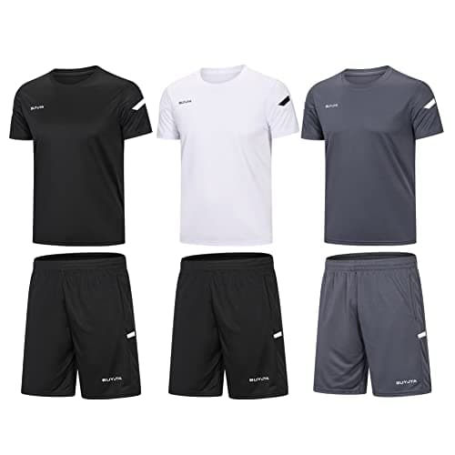 Image of BUYJYA Mens Training Clothes Athletic Shorts and Shirt Set 3 Pack Basketball Football Training Running Gym, Pack of 3 (Black/White/Grey), XL