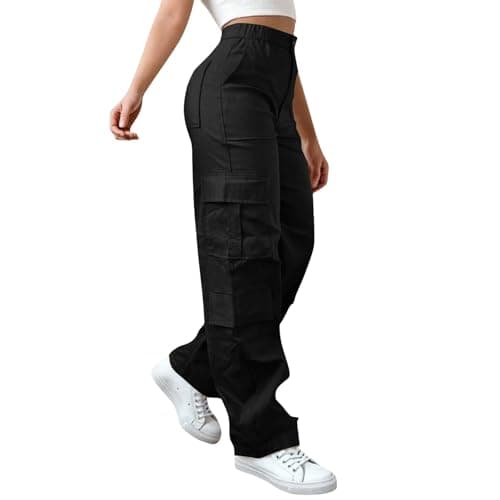 Image of Hiking Trousers Women Wide Leg, Women's Cargo Trousers Elastic Waist Work Cotton Stretch Parachute Pants for Hiking Walking Gym Combat Streetwear Black Work Trousers Women Tall XL