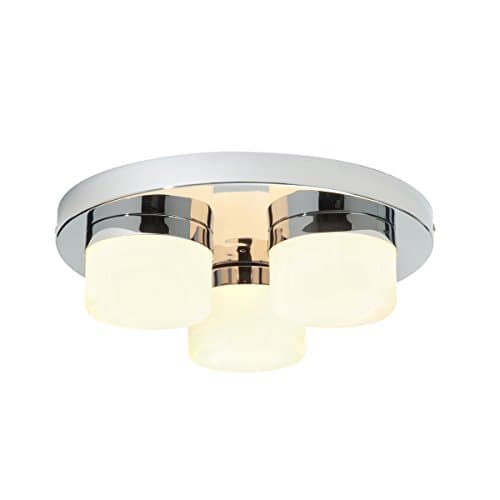 Image of Pure Decorative 3 Light G9 Bathroom Ceiling Light in a Chrome Finish with White Frosted Glass Shades Zone 2 Rated IP44