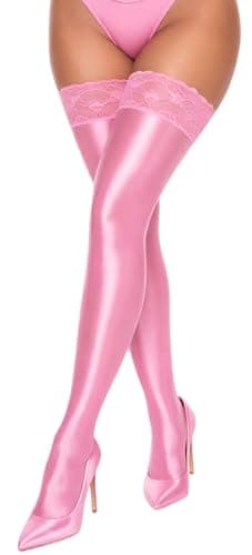 Image of FEOYA Lace Thigh High Stockings Oil Glossy Stockings Women Tight Shiny Lace Top Over Knee Long Stocking Shimmery Pantyhose Lingerie Pink One Size