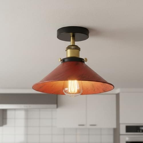 Image of LEDSone Vintage Semi Flush Ceiling Light Metal Retro Style Rustic Red 22cm Cone Shade E27 Industrial Ceiling Lamp for Kitchen, Bedroom, Living Room, Hallway with Bulb