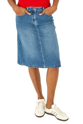 Image of Roman Originals Denim Skirt with Pockets for Women UK - Ladies Jean Skirts Cotton Stretch Mid Wash Fitted A Line Casual Smart Work Office Knee Length Flattering Slimming - Denim - Size 16