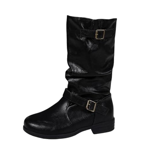 Image of Generisch Women Mid Calf Boots Fashion Casual Ankle Boots Leather Buckle Detail Low Heel Comfortable Shoes for Autumn Winter Outfits, black, 6 UK