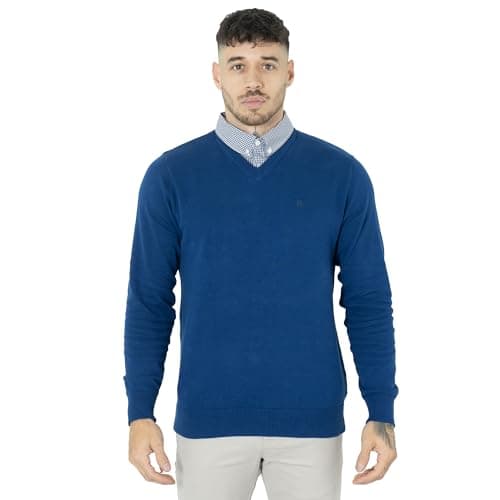 Image of NOROZE Men's Jumper Mock Collar Knitted V-Neck Plain Classic Sweater Pullover Knitted Sweatshirt UK Sizes S-4XL (UK, Alpha, L, Regular, Regular, Denim Blue)