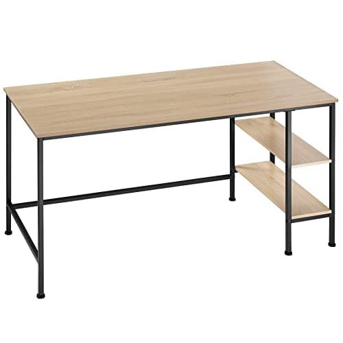 Image of tectake® Computer Desk with Side Storage Shelves, Modern Home Office Desk with Rustic Wooden Look & Stable Steel Frame, Ideal as Bedroom, Home Office & Study Table, 140 x 60 x 76.5 cm - Light Wood