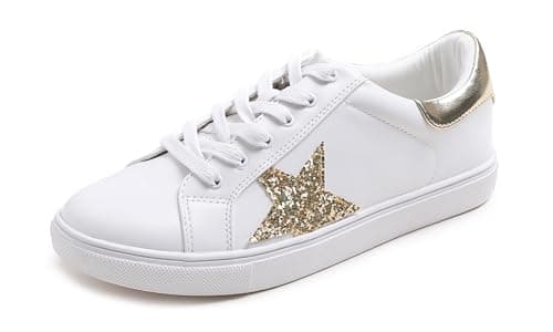 Image of Feversole Women's Featured PU Leather Colorful Lace-Up Sneaker White Glitter Gold Star Star UK 5