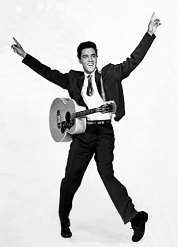 Image of Holy Mackerel Elvis Presley and guitar retro black and white photographic card featuring a vintage image of the singer performing - 12.6 x 17.7cm and blank inside