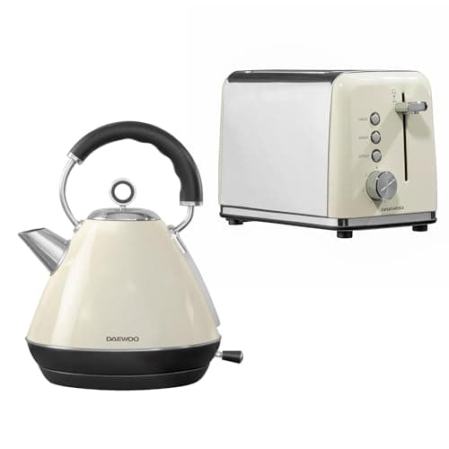 Image of Daewoo Kensington Collection, Kettle And Toaster Set, 1.7 Litre Pyramid Kettle With Matching 2 Slice Toaster, Safety Features, Easy Cleaning, Cohesive Kitchen Set, Cream