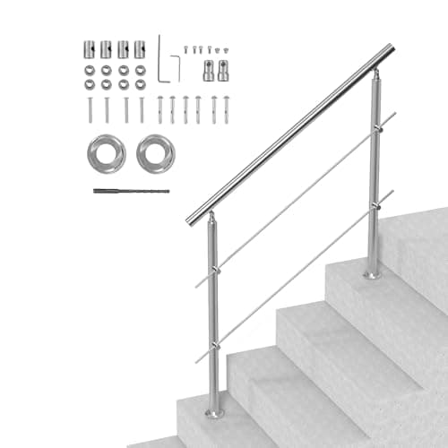 Image of VEVOR Handrails for Outdoor Steps, 47.2in Length 2 Crossbars Stair Hand Rail Kit, Transitional Stainless Steel Railings w/Installation Kit, Double-Column Staircase Handrails for Seniors,Porch & Deck