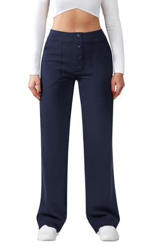 Image of Friptspyg Women's High Waist Wide Leg Trousers Button Straight Leg Trousers Casual Work Trousers Stretch Yoga Trousers with Pockets, Navy Blue XXL
