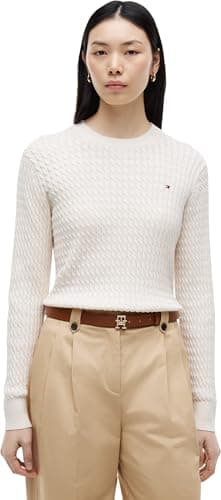 Image of Tommy Hilfiger Women’s Fine Cable Knit Jumper, Beige (Heather Ivory Petal), XXS