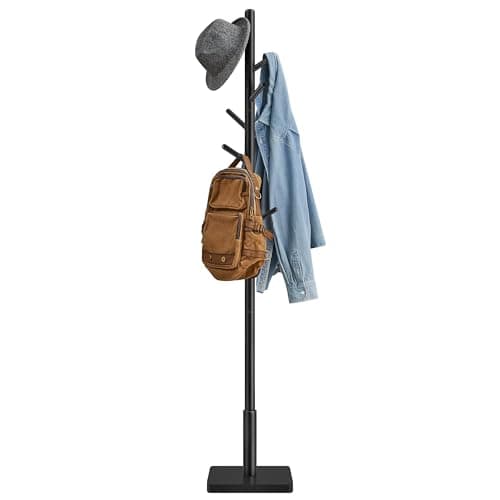 Image of VASAGLE Coat Rack, Solid Wood Coat Stand, Free Standing Hall Coat Tree with 8 Hooks for Coats, Hats, Bags, Purses, for Entryway, Hallway, Rubberwood Hooks and Pole, Ink Black RCR010B01