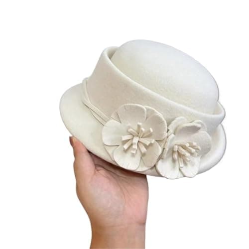 Image of VMDVBNA Bowler hat Elegant Dimensional Camellia Wool Beret Ladies Vintage Dome Shaped Flight Attendant Hat Fashion Formal(White-2)