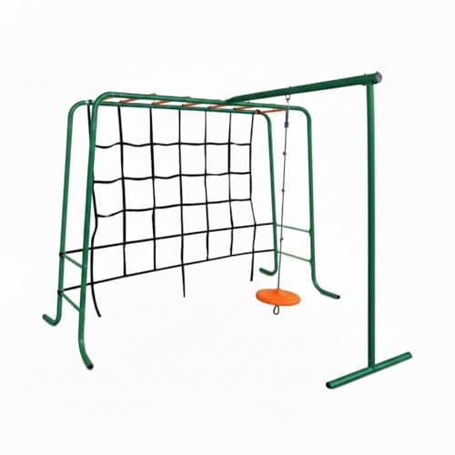 Image of Plum Kids Outdoor Climbing Frame with Monkey Bars, Swing & Cargo Net – Metal Garden Playset for Children Ages 3+ | Durable Fun for Years | Safe & Strong (Green)