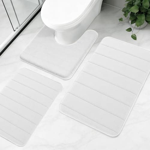 Image of NAKIHOUSE 3 Piece Non-Slip Bath Mat Set, Luxury Thick Memory Foam Bathroom Rugs, Water Absorbent Soft Shower Mat Machine Washable Toilet Mat for Bathroom Floor,White