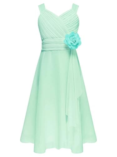 Image of CHICTRY Kids Flower Girls High Low Hem Chiffon Sleeveless Wedding Bridesmaid Pageant Party Ball Gown Mint Green A(V-Neck) 11-12 Years