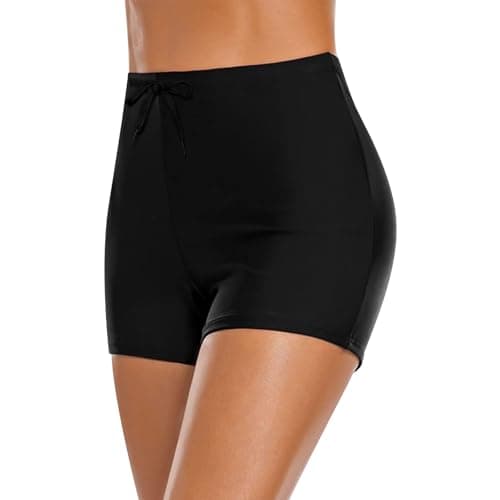Image of ADUDVLO Swim Shorts Women High Waisted Drawstring Tummy Control Board Shorts Quick Dry Boyleg Bikini Bottoms Swimwear for Beach & Water Sports (UK, Alpha, M, Regular, Regular, Black)