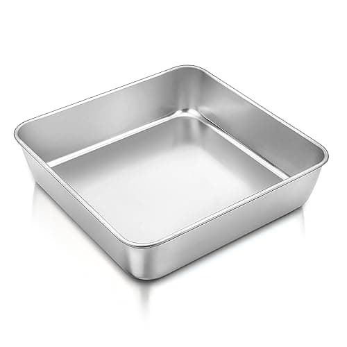 Image of Herogo 8 Inch Square Cake Tin, Stainless Steel Baking Tin for Baking Roasting, 21x21x5 cm, Square Brownie Cake Pan for Birthday Wedding, Healthy & Non-Toxic, Dishwasher Safe