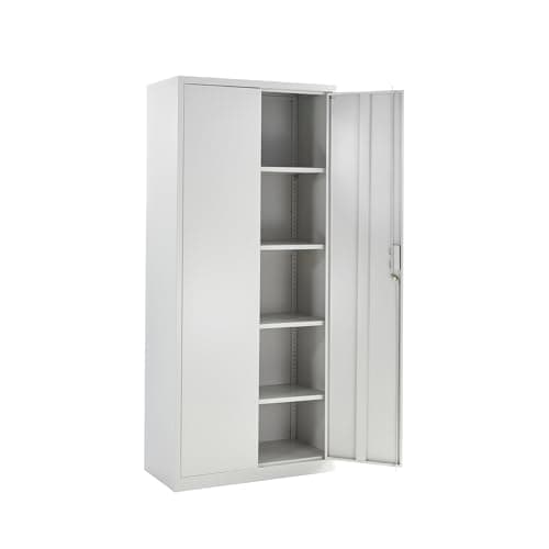 Image of Metal Storage Cabinet with Lock, 2 Door Lockable Office Storage Cupboard, Tall Grey Unit 4 Adjustable Shelves, 180cm Office Cabinet, for Warehouse, Workshop, Garage Tool Cabinet (Grey, 180H x 80W)
