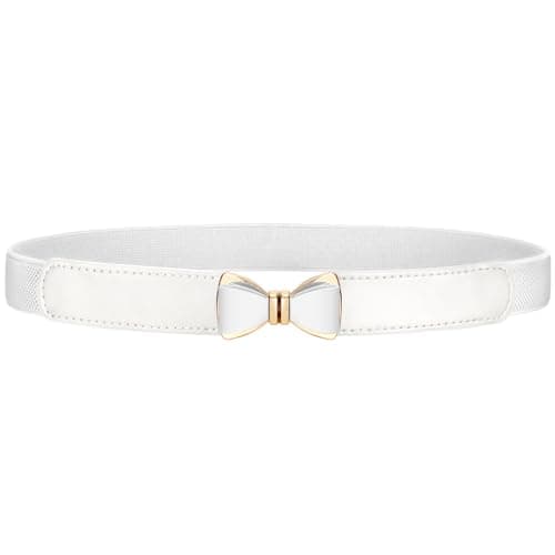 Image of VONMELLI Elastic Skinny Belt for Women Dresses Fashion Stretch Thin Waist Belt Retro Ladies Belt with Bow Buckle White Fit Waist Size 26" to 30"