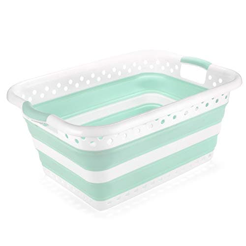 Image of Addis 517934 Foldable Rectangular Laundry Basket, White & Aqua Haze, 45 litre