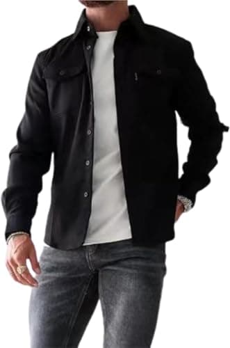 Image of ArknAv Men's Button Down Shirt Jacket Casual Stylish Shirt Jackets Casual Youth Men's Shirt(Black,L)