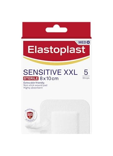 Image of Elastoplast Sensitive XXL Med+ Dressings (5 Strips), Pack of First Aid Plasters, Larger Everyday use for Post-Operative Wounds, Skin-Friendly Sterile Dressings for Wounds, 0% Latex, Clear