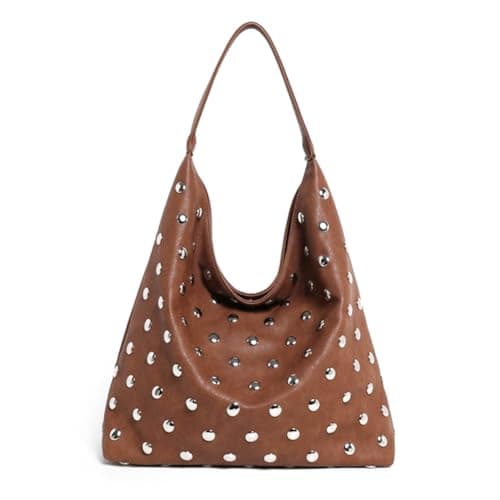 Image of Studded Hobo Bags for Women Soft Vegan Leather Studded Shoulder Handbag Slouchy Tote Purses, Brown, L