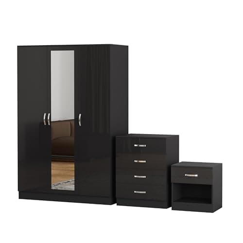 Image of Nera Gloss Black 3 Piece Bedroom Furniture Set 3 Door Mirrored Wardrobe 4 Drawer Chest & Bedside Table