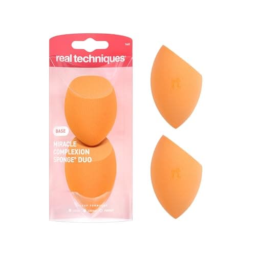 Image of Real Techniques Miracle Complexion Sponge for Liquid & Cream Makeup, 3-Point Design for Seamless Application, Streak-Free Natural Dewy Finish, Latex-Free, Cruelty-Free, Vegan, Easy to Clean, Pack of 2