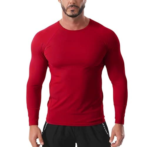 Image of Rane Sports Men's Cool Touch Compression Shirt Long Sleeve Ice Silk Workout Tops Quick Dry Athletic Base Layer Gym Running Training Red M