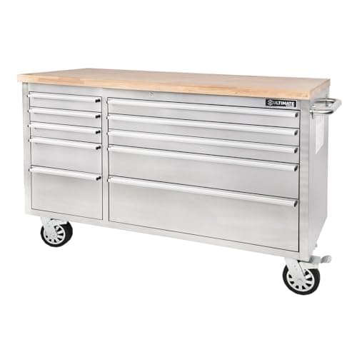 Image of Ultimate Storage Stainless Steel Tool Chest on Wheels - 56″ - 10 Drawer Rolling Cabinet with Hardwood Worktop, Full Extension Lockable Drawers, Heavy-Duty Castors - W 1,470 x D 467 x H 952mm