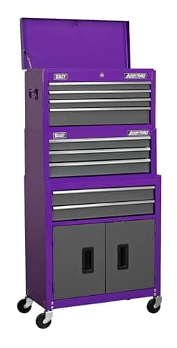 Image of Sealey American PRO® 9 Drawer Topchest, Mid-Box & Rollcab Stack/Tool Chest on Wheels - Purple - AP2200BBCPSTACK