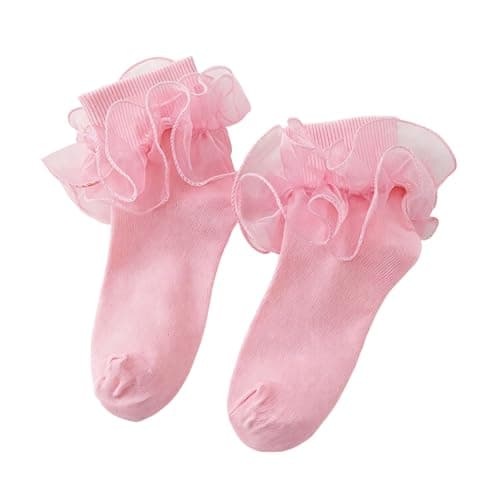Image of Tingliyi 1 Pair Frilly Socks Women, Pink Frilly Socks, Double Opaque Ruffle Lace Ankle Socks, Cute Princess Dress Socks for Women Birthday Party Engagement Wedding Gifts