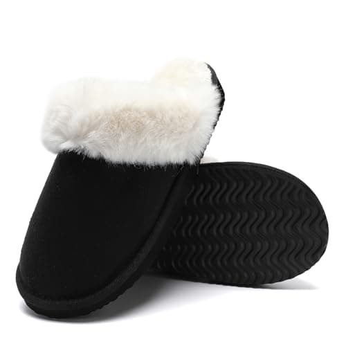 Image of Waysoland Slippers Women,fluffy House Womens Slippers Memory Foam Ladies Slippers Non-Slip Faux Fur Comfy Winter House Shoes Indoor Outdoor(Black,3/4 UK)