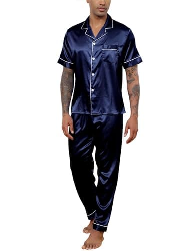 Image of Reliwel Mens Pyjamas Set Silk Satin Short Sleeve Mens Silk Pyjamas Button Down Shirt and Long Pants Notch Collar Loungewear Sleepwear Nightwear With Pockets Navy Blue XL