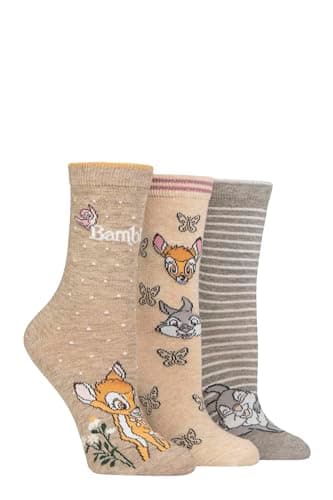 Image of Disney Bambi Women’s Gift Boxed Cotton Socks – 3 Pair Crew Socks, Soft Breathable Novelty Character Socks, Comfortable Everyday Gift for Fans, UK 4–8 Multi