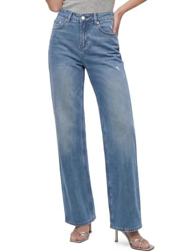 Image of Chasehot Straight Leg Jeans for Women, High Waisted Stretchy Ripped Jeans Relaxed-fit Trendy Wide Leg Boyfriend Mom Cute Ladies Denim Pants, 30 Inch Inseam-Medium Blue Worn-Size 16