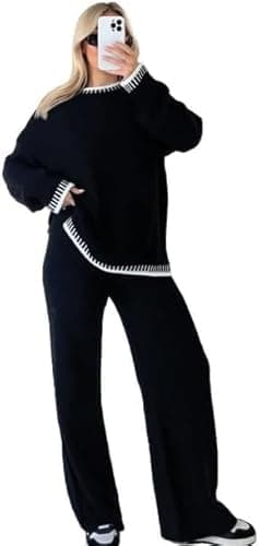 Image of Womens Co-Ord Knitted Oversized 2 Pcs Set, Ladies Long Sleeve Winter Warm Pullover Tracksuit, Casual Solid Color Knitwear Loungwear Sweater Jumper Trouser Tops Outfit Uk One Size 8-16, Black
