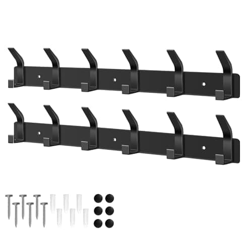 Image of AUXHCYL Coat Hooks Wall Mounted, 2 Packs Coat Hangers Wall Mounted with 6 Hooks, Rust-Proof Coat Racks for Jackets, Bags, Hats and Scarves, Wall Hanger for Bedroom, Bathroom, Kitchen (Black)