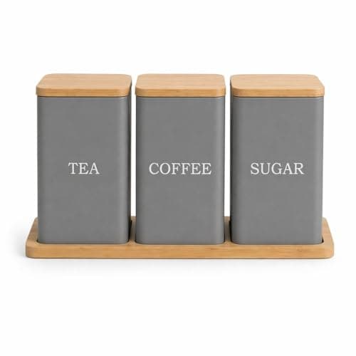 Image of EHC Tea, Coffee, Sugar, Canister Set, Storage Canister Set with Tray - Easy to Open Airtight Lids - Storage Tea, Sugar, & Coffee - Set of 3 Canisters, Grey