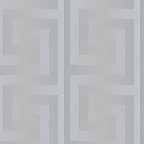 Image of Versace 'Greek Key' Designer Luxury Satin Wallpaper in Grey / Silver Full Roll