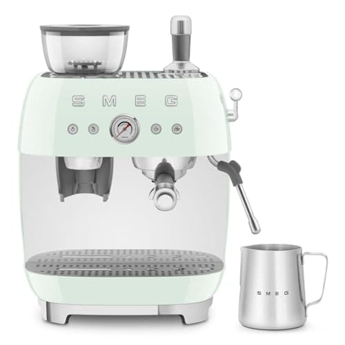 Image of Smeg EGF03PGUK Espresso Coffee Machine with Grinder, 20 Bar Pump, 2.4L, 1650W, Pastel Green