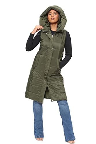 Image of H&F Women's Ladies Long Quilted Gilet Jacket Longline Sleeveless Thick Hooded Side Zip Down Lightweight Ladies Long Coat Bodywarmer Outdoor Gilet Padded Waistcoat Size S-3XL (Khaki, XL)