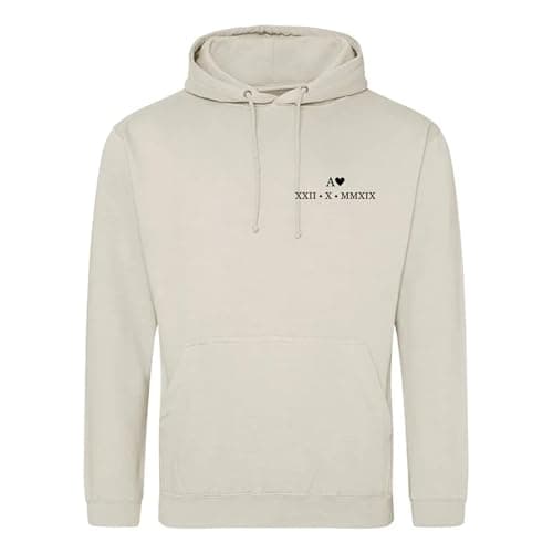 Image of Purple Print House Personalised Couples Hoodies Roman Numerals Anniversary Date His and Her Initial Embroidered - Valentines Day Matching Gifts, M, Natural Stone